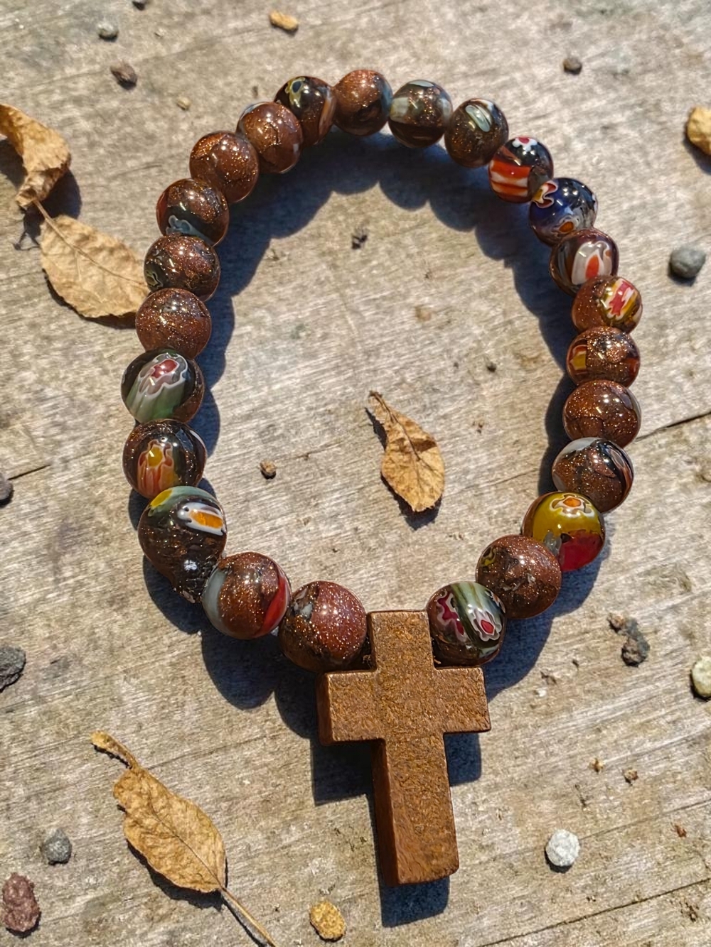 Beaded Cross Bracelet Goldstone Millefiori - Picture 4 of 4